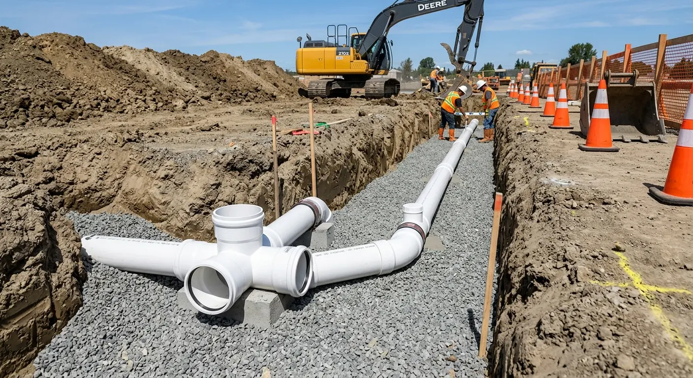 New PVC sewer pipe installation in open trench for Commercial Drain Cleaning in North Providence