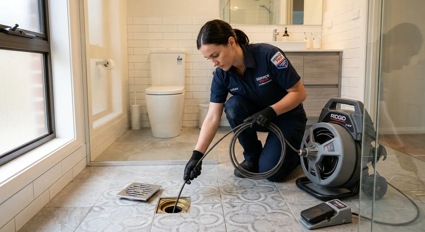 Technician clearing a bathroom floor drain for Drain Cleaning in North Providence